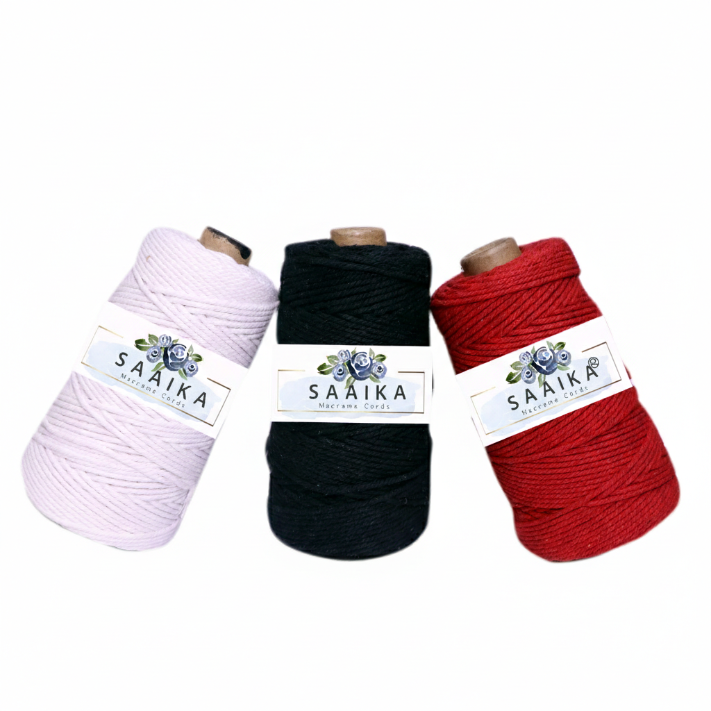 White, black and red 3mm twisted cotton macrame cord rolls by Saaika for wall hangings, plant hangers, handmade bags and DIY crafts