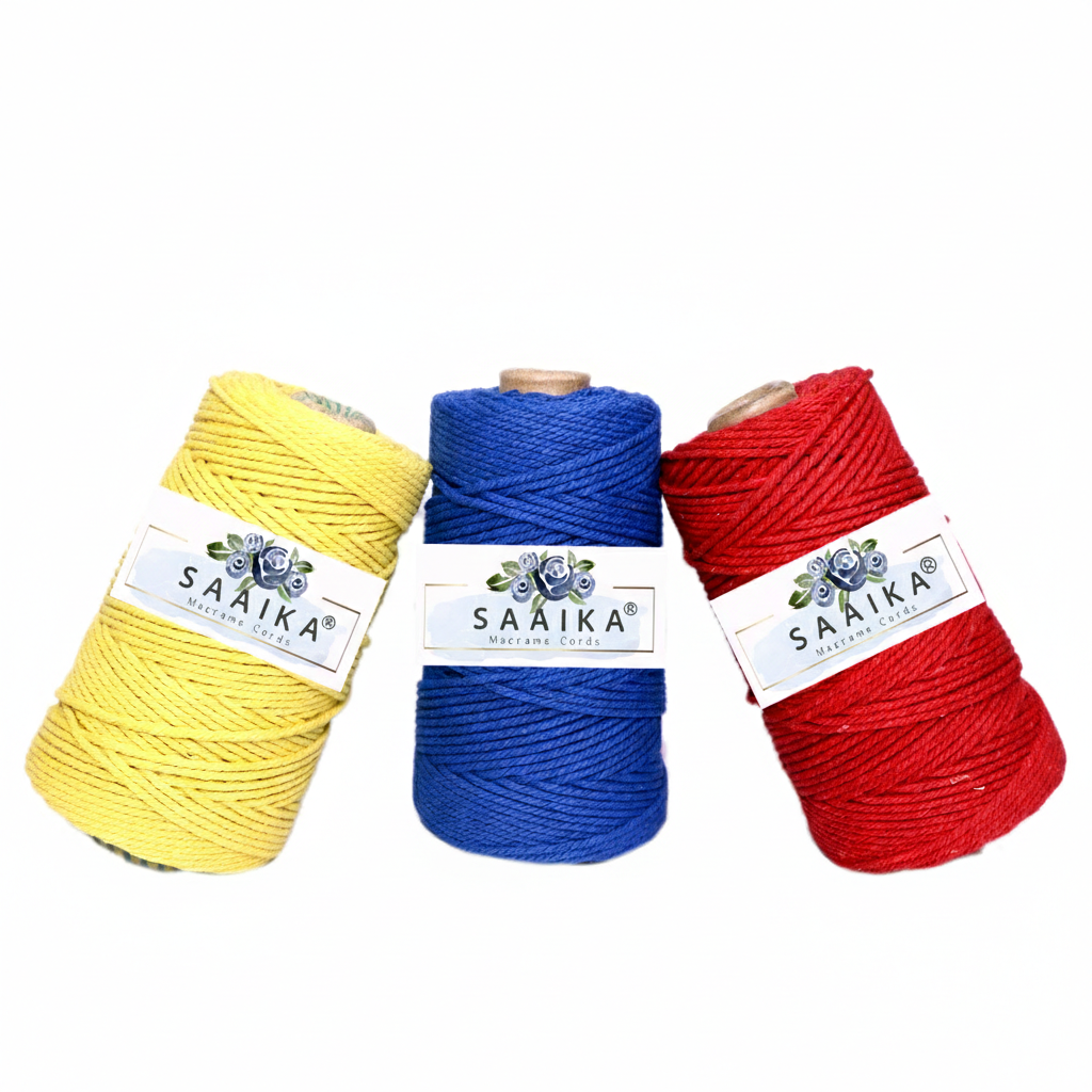 Multi color cotton macrame cord 3mm 3 ply twisted rolls by Saaika Crafts in yellow, navy blue and pink, 350 gram 120 meter, ideal for handmade macrame wall hangings, bags and DIY crafts