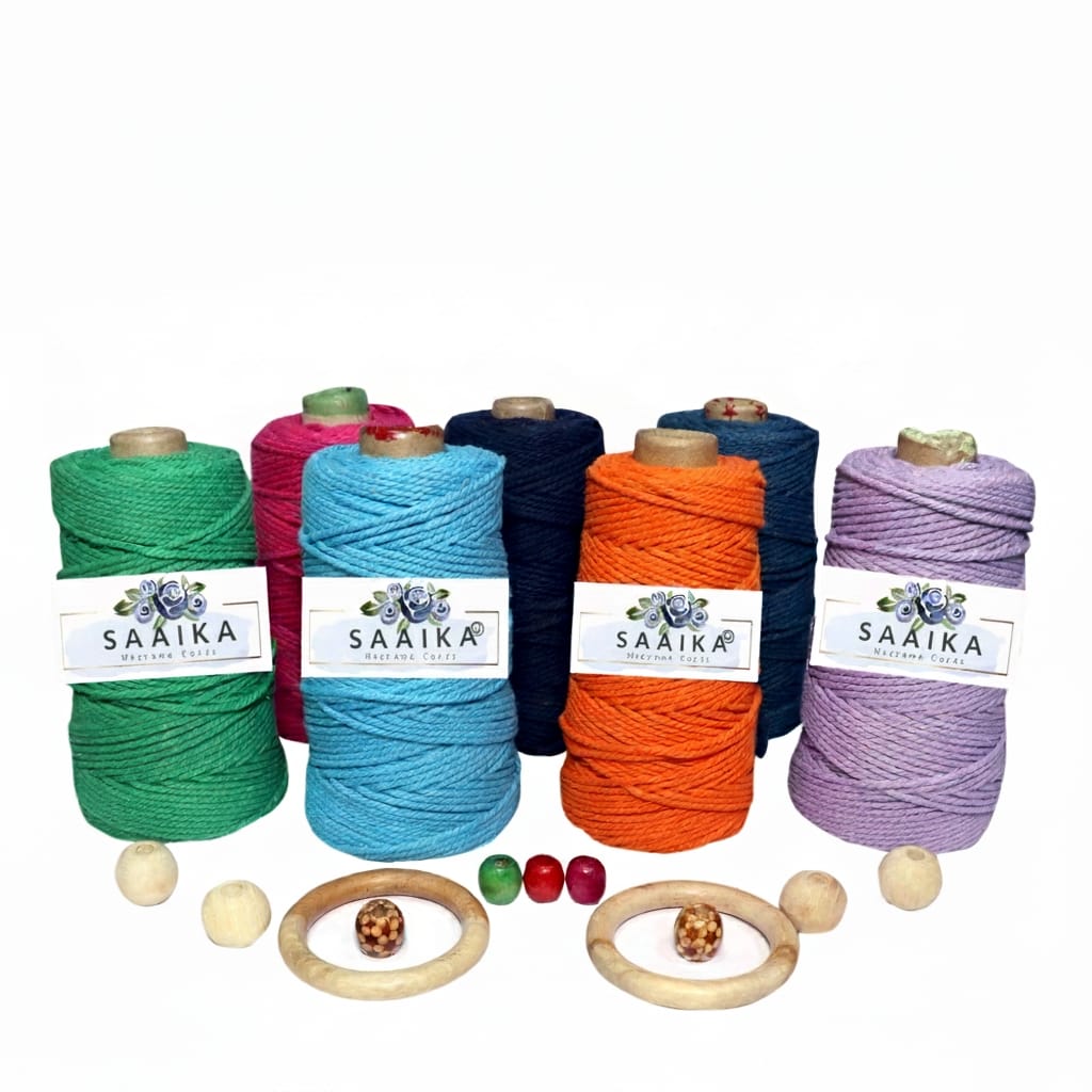 Colorful premium macrame cords by Saaika made from cotton, ideal for macrame crafts, wall hangings, handmade bags, and wholesale supply in India