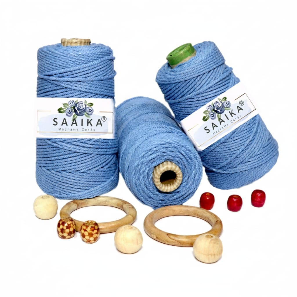 Premium blue macrame cords by Saaika made from cotton, ideal for macrame wall hangings, handmade bags, crafts, and wholesale macrame business