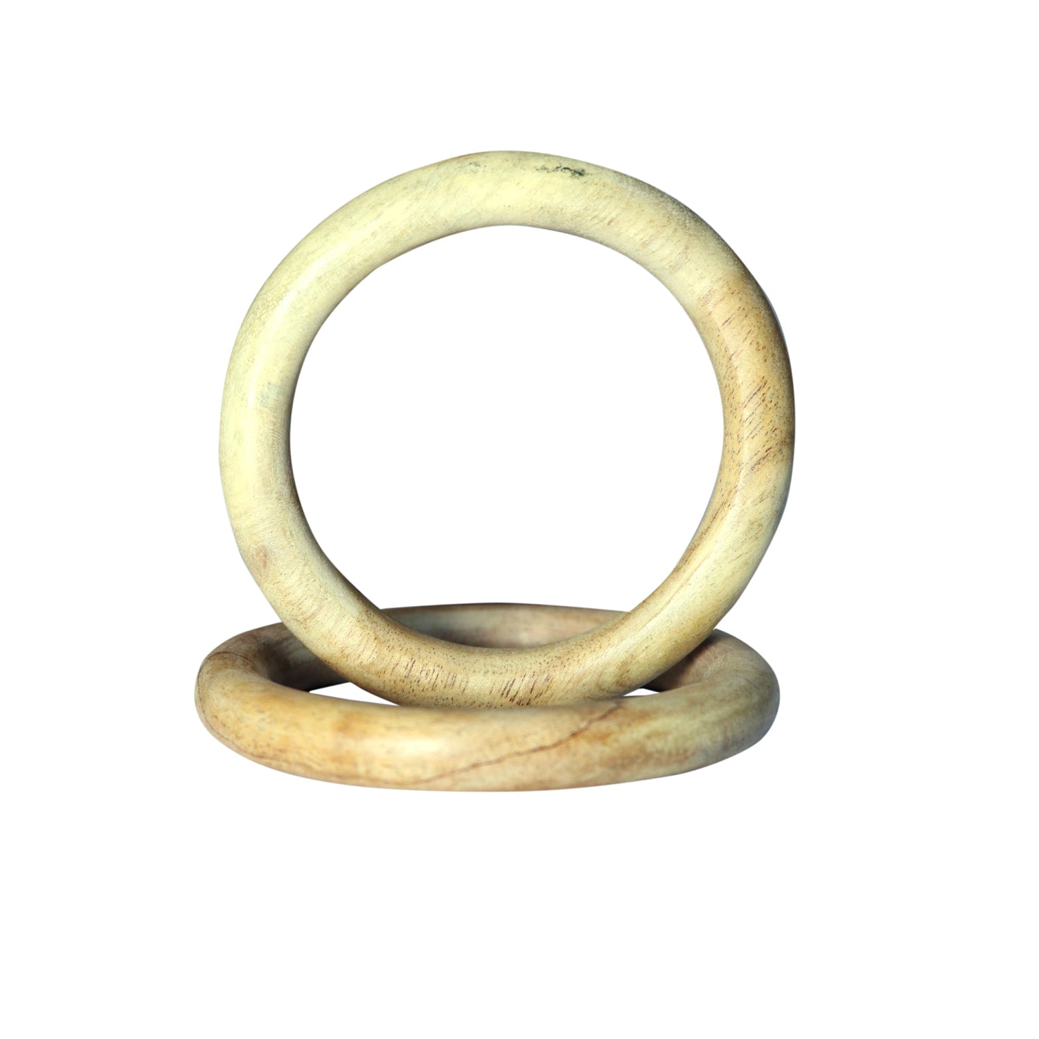 Two wooden rings stacked on a white background