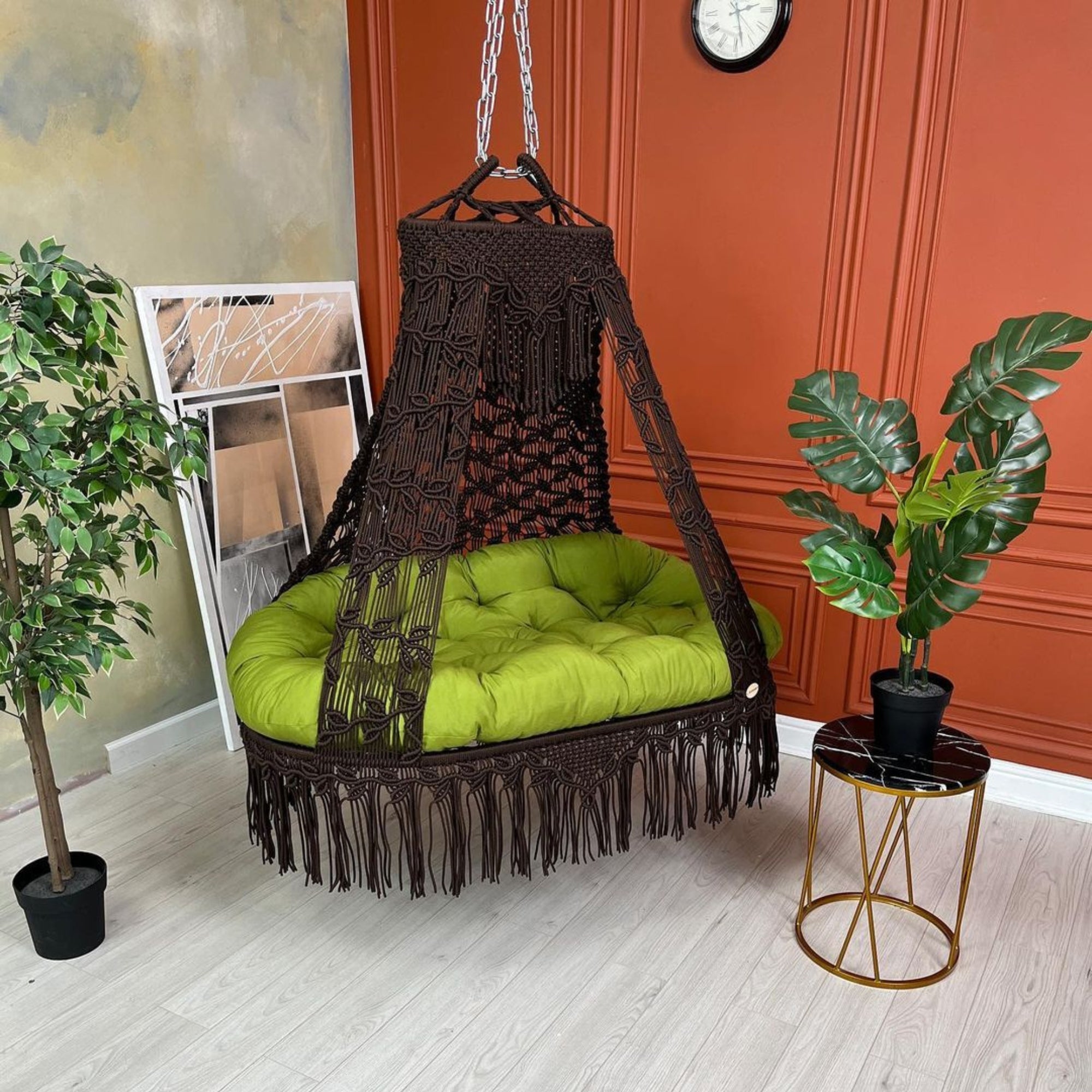 Handmade macrame swing by Saaika Crafts with boho knotted design for home decor, balcony, and indoor seating.