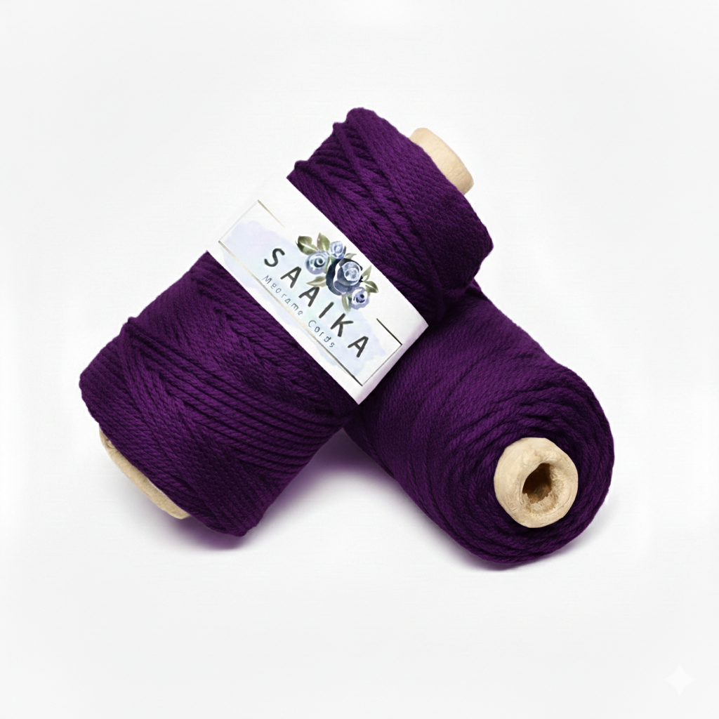 Purple twisted cotton macrame cord 3mm 3 ply, 120 meter roll by Saaika Crafts, ideal for handmade macrame wall hangings, plant hangers, bags and DIY craft projects.
