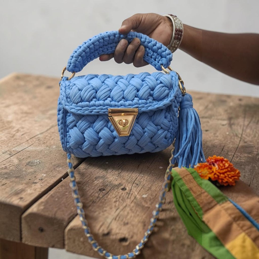 Handmade Crochet Handbag purse | Premium Cotton T-Shirt Yarn sling Bag